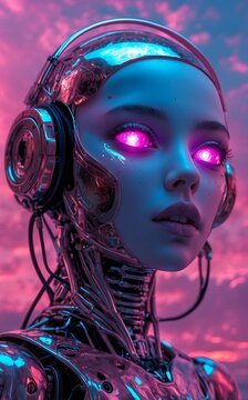 a woman with glowing eyes and a purple glow in the sky Extraterrestrial Alien vs. Humanoid Robot A 