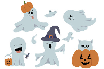 Cute Halloween Ghosts and Pumpkins Clip Art Set for Kids' Designs and Stickers