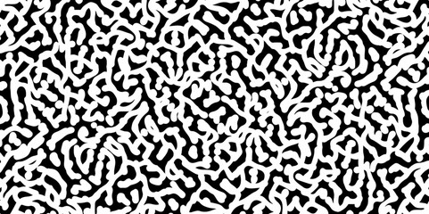 Abstract Turing organic wallpaper with background. Turing reaction diffusion monochrome seamless pattern with chaotic motion. Natural seamless line pattern. Linear design with biological shapes.