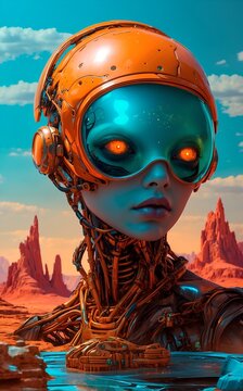 a poster for a woman Extraterrestrial Alien and Sleek Humanoid Robot Face Off in Tense Chess Match