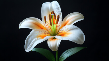 A white lily with orange speckles, against a black background. 