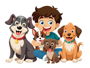 Happy boy smiling and posing with four dogs on white background