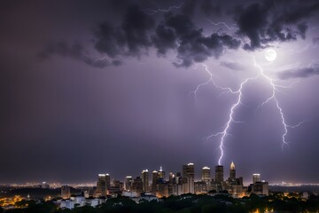 Obraz premium A lightning storm over a city skyline with the moon visible through the clouds, AI Generated