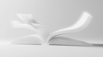 Open White Book with Curving Pages on White Background