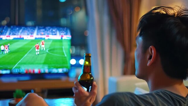 Asian young man watches English football at home late at night, sipping beer and barbecue on a chair, a white sofa, decorated in a modern style.