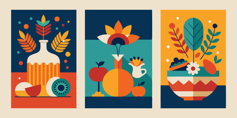A collection of three posters featuring flowers, fruits, and a vase
