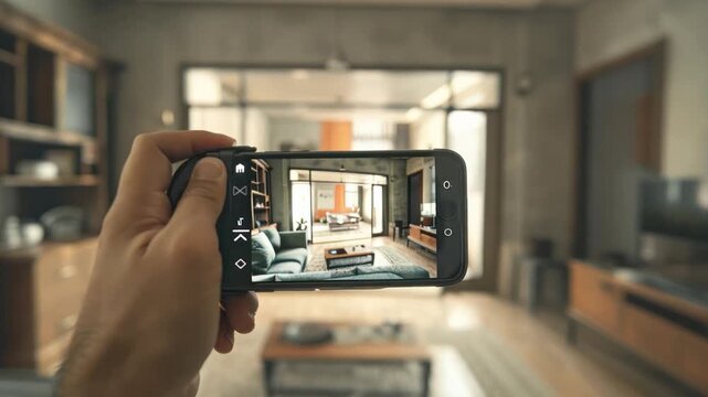 A person is photographing a room in a streamlined, texture-based design style.