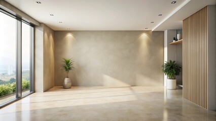 Modern minimalist interior with cream-colored wall, sleek grey floor, and empty space, creating a clean and neutral background for various compositions.