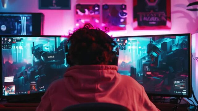 A man playing computer games in a minimalist atmosphere with neon lights. The composition should show a person who is passionate about the gaming experience.