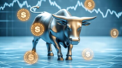 A metallic bull with digital symbols floating around, signifying positive stock market performance, bullish, bull, sentiments, performance, strategic investment outlook