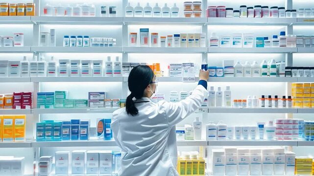 Pharmacist Expertise As pharmacists expertly arrange over-the-counter medicines on neatly organized shelves.