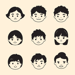 collection of cute cartoon style children's faces