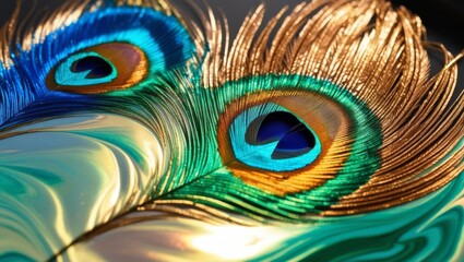 Obraz premium Close up of two peacock feathers with iridescent colors.