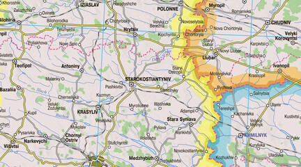 Map of western Ukraine highlighting the town of Starokonstantyniv, showcasing its location within the region and emphasizing its significance among surrounding areas