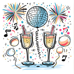 New Year and Christmas card, graphic advertising backgrounds in a doodle 2D illustrator style.