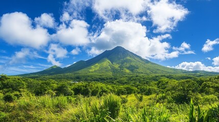 A lush green mountain peak against a vibrant blue sky with fluffy white clouds.