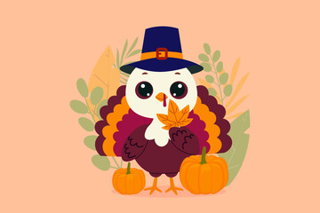 festive Thanksgiving Day. a cute turkey with Pumpkins and bright Autumn Leaves. Vector card