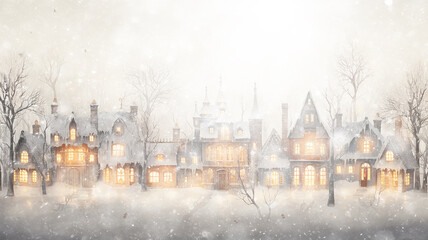 postcard, christmas houses in snowfall, winter white background, festive art and illustration
