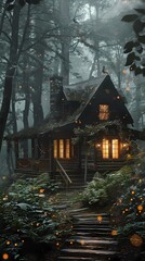 Fototapeta premium A remote cabin in the woods flowers fantasy scene abstract graphic poster background