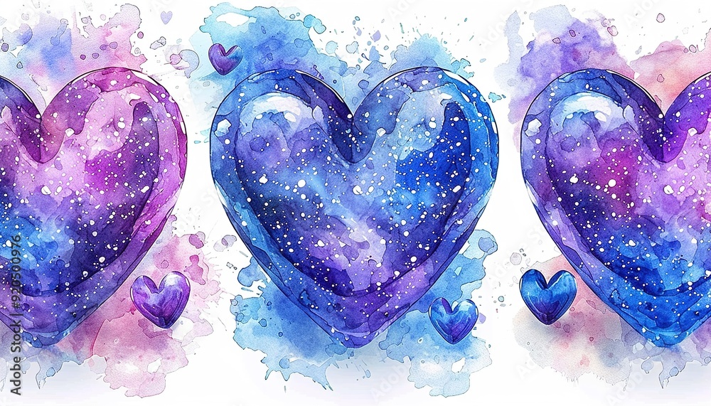 Poster Watercolor seamless pattern of purple hearts