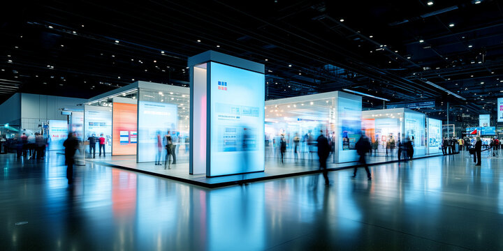 IT business convention, demonstration booth. Long exposure. Blurred human motion. Hand edited generative AI.