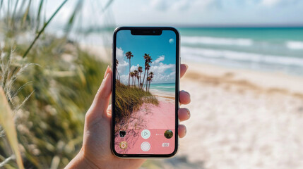 a smartphone with the camera on the screen, shooting the scenery of beach