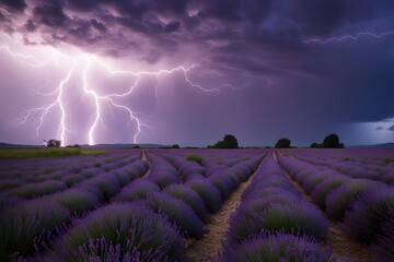 Fototapeta premium A lightning strike over a field of lavender under a cloudy twilight sky, Ai Generated