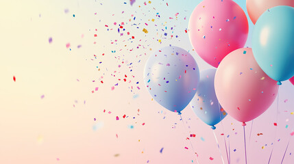 Pastel-Colored Balloons Gently Floating with Confetti on a Soft Gradient Background for a Clean and Simple Design