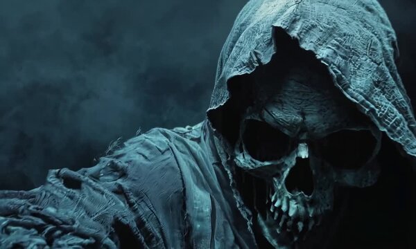 Grim reaper reaching towards the camera over dark background