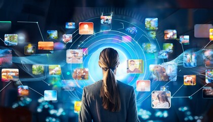 Backview Of Caucasian Woman Connecting To Animated Stream of Content. Browsing Multimedia all-in-one Entertainment, Messaging, TV, Videos, Emoji, Sharing, Video Game Playing, Fintech, Online Shopping.