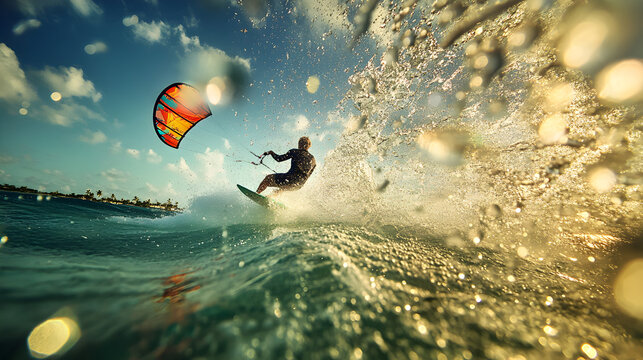 A kite surfer captured from a ground-level perspective as they skim across the water&rsquo;s surface, with the spray of the sea and the colorful kite creating a dynamic scene.


