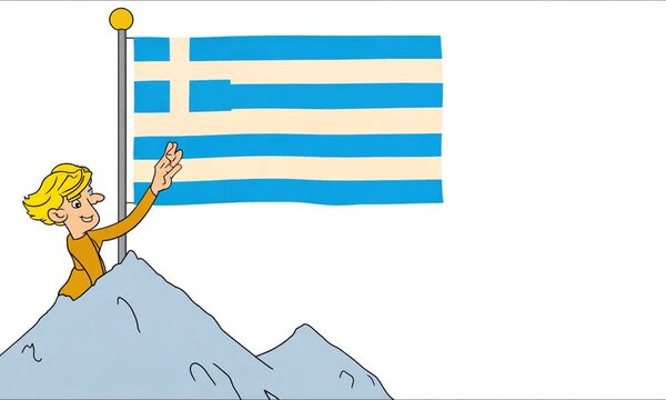 "Design a cartoon flag for Greece, with a mythological character like Zeus or Athena waving from Mount Olympus."