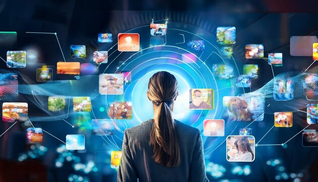 Backview Of Caucasian Woman Connecting To Animated Stream of Content. Browsing Multimedia all-in-one Entertainment, Messaging, TV, Videos, Emoji, Sharing, Video Game Playing, Fintech, Online Shopping.