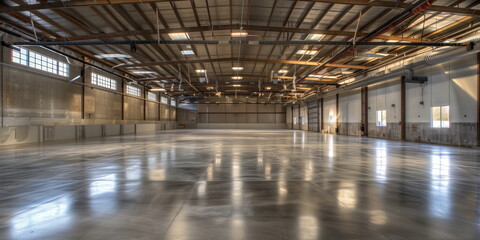 Modern warehouse, logistics or shipment management center. Modern and new, warehouse with pillars and full side loading / offloading gates. Generative AI.