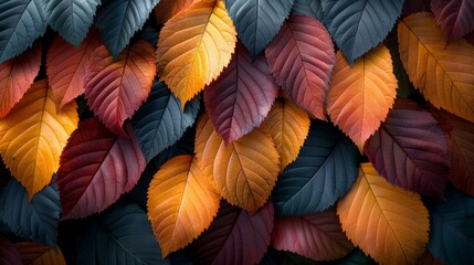 Fototapeta premium Colorful leaves in autumn hues arranged in an artistic pattern