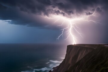A powerful lightning strike over a coastal cliff with the ocean in the background, AI Generated