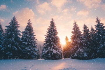 Fototapeta premium Winter Landscape Wallpaper with Snowy Pine Forest and Scenic Sky at Sunset, Perfect for Christmas and New Year's Greeting Cards.