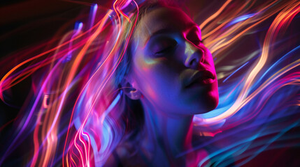 Long exposure portrait of the woman  in a smoke, neon glow. 