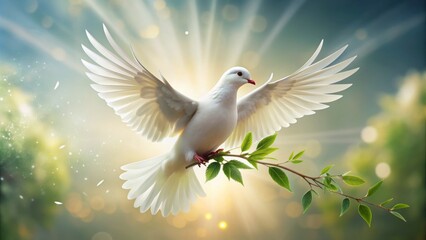 Fototapeta premium Serene white dove in gentle flight, delicate wings outstretched, surrounded by whimsical olive branch clipart and soft, feathery textures, evoking peace and harmony.