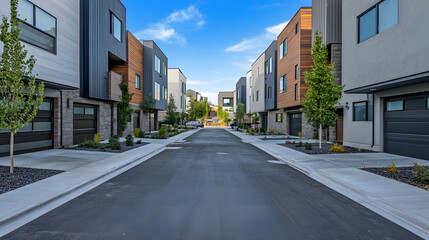 Obraz premium Spotless, Uninhabited Street Flanked by Contemporary Townhouses in a Brand-New Neighborhood.