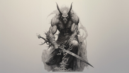 drawing of a devil with a sword in his arms, in the style of mythical beasts, extreme angle, light gray and black, ashcan school, precise and lifelike, violent, nabis