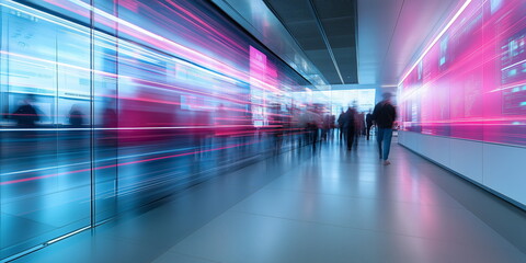 Speed walking blurred through a business corridor or technology pathway. strategy and decisions and split second, Business speed and task force. 