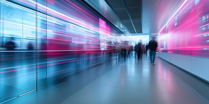 Speed walking blurred through a business corridor or technology pathway. strategy and decisions and split second, Business speed and task force. 