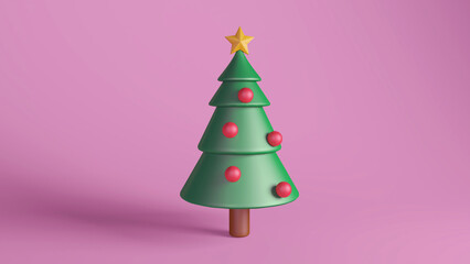 3D Christmas Tree with Star and Ornaments on Pink Background