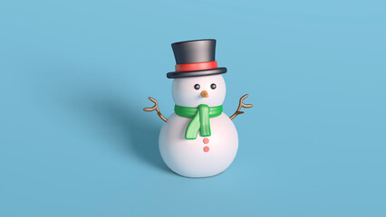 3D Snowman with Green Scarf and Top Hat on Blue Background