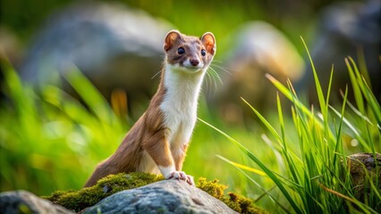 Obraz premium Small, carnivorous mammal, the least weasel, with a brown back, white underside, and bushy tail, stands alert in a green meadow with a rocky outcropping.