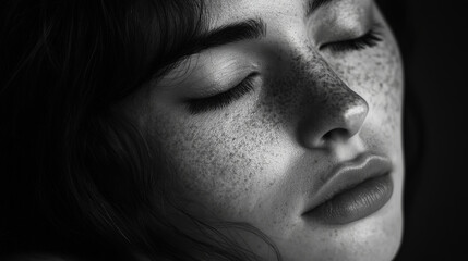 Black and White Close-Up of Freckled Woman with Closed Eyes