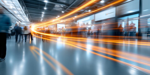 IT business convention, demonstration booth. Long exposure. Blurred human motion. Hand edited generative AI.
