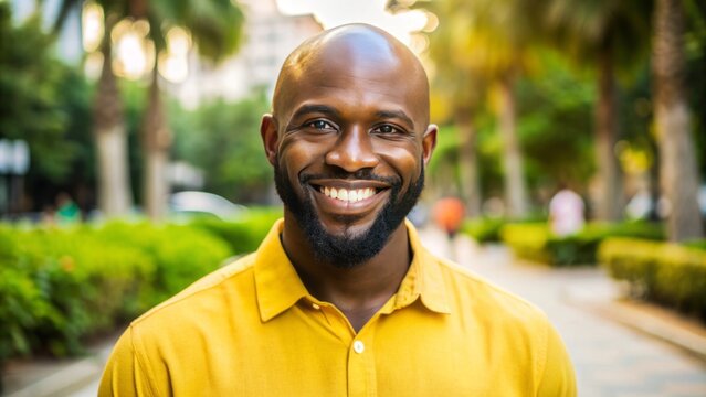 Smiling African American gentleman with shaved head and trimmed beard, wearing a bright yellow shirt, exudes warmth and approachability in a casual outdoor setting.