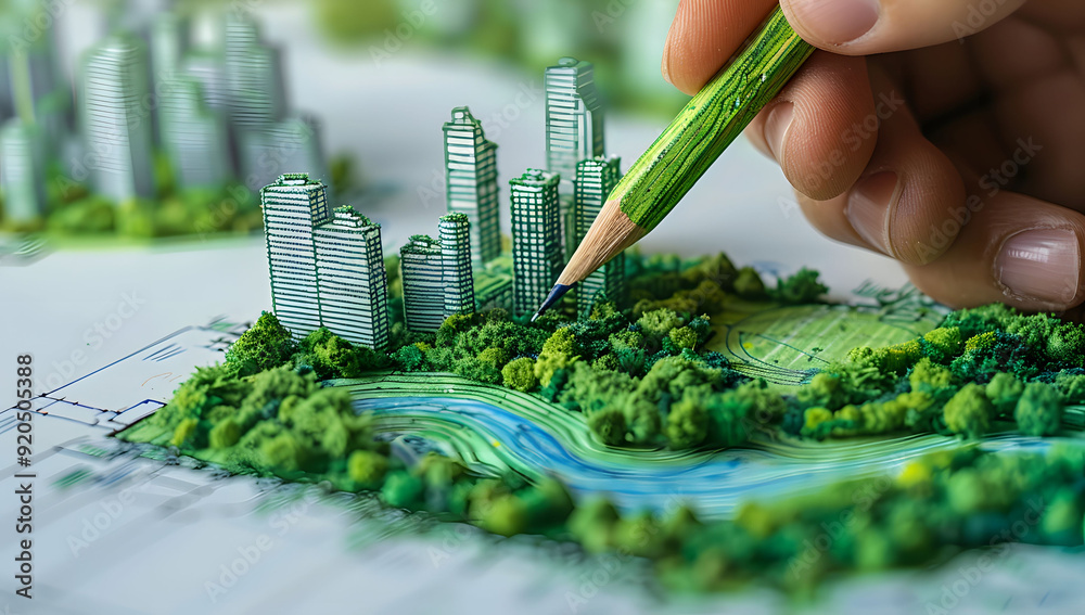 Wall mural a hand drawing green energy city with pencil on a digital graph of a city and forest, depicting a co